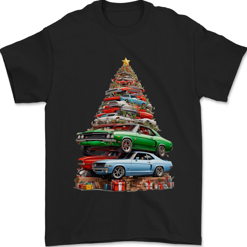 Muscle Car Christmas Tree Xmas Classic Mens T-Shirt 100% Cotton Black