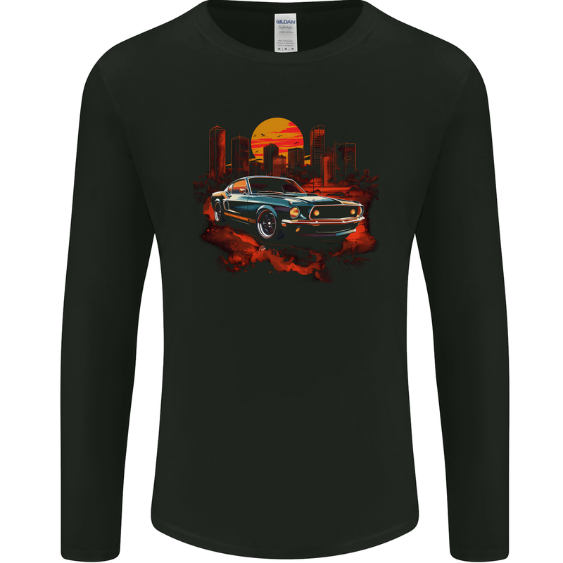 Muscle Car City Backdrop With City Landscape Mens Long Sleeve T-Shirt Black