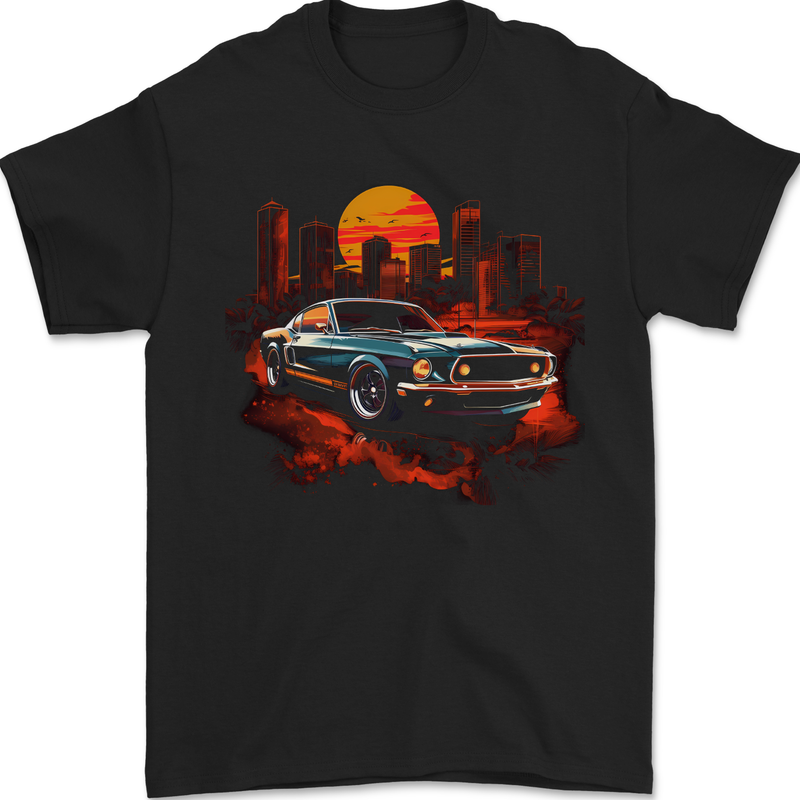 Muscle Car City Backdrop With City Landscape Mens T-Shirt 100% Cotton Black