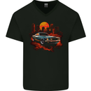 Muscle Car City Backdrop With City Landscape Mens V-Neck Cotton T-Shirt Black
