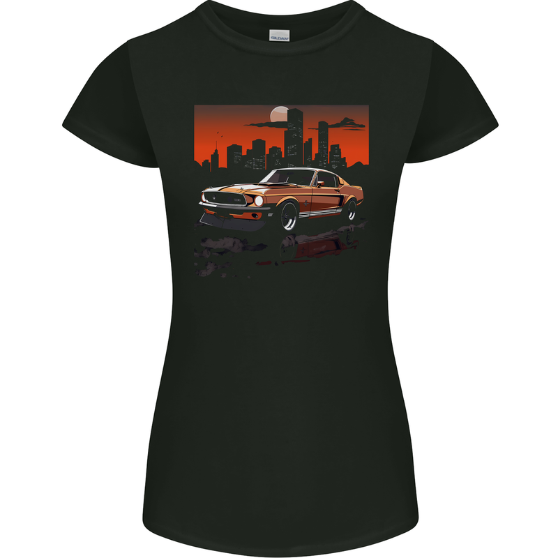 Muscle Car City Backdrop With Sunset Womens Petite Cut T-Shirt Black