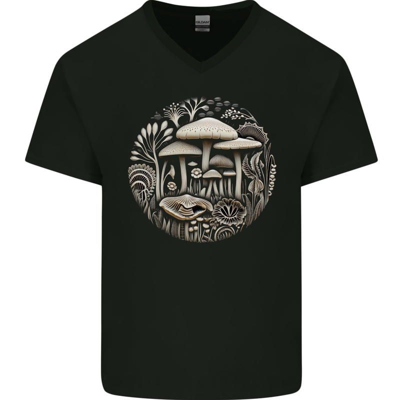 Mushroom Circle Foraging Fungi Forage Mens V-Neck Cotton T-Shirt Black