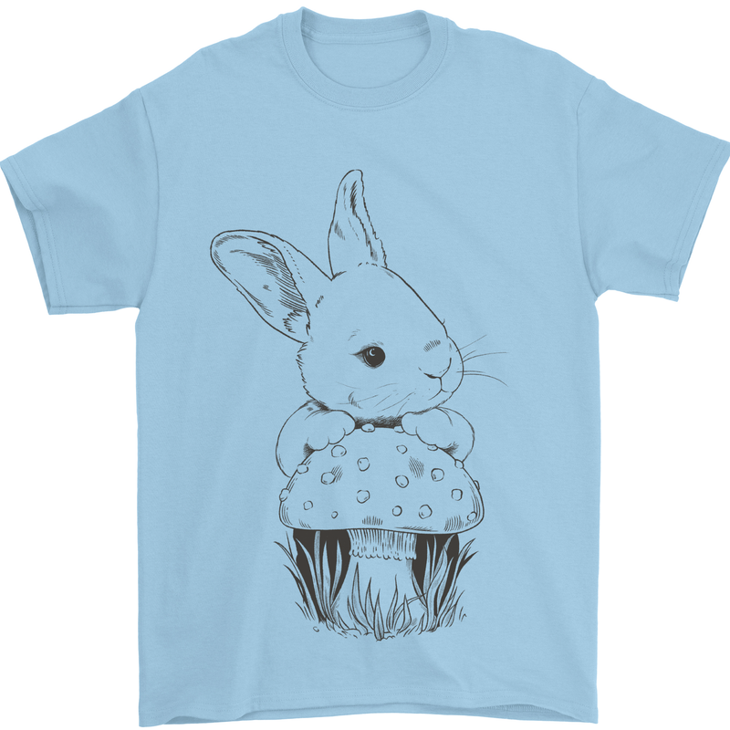 Mushroom and a Cute Rabbit Foraging Mycology Mens T-Shirt 100% Cotton Light Blue