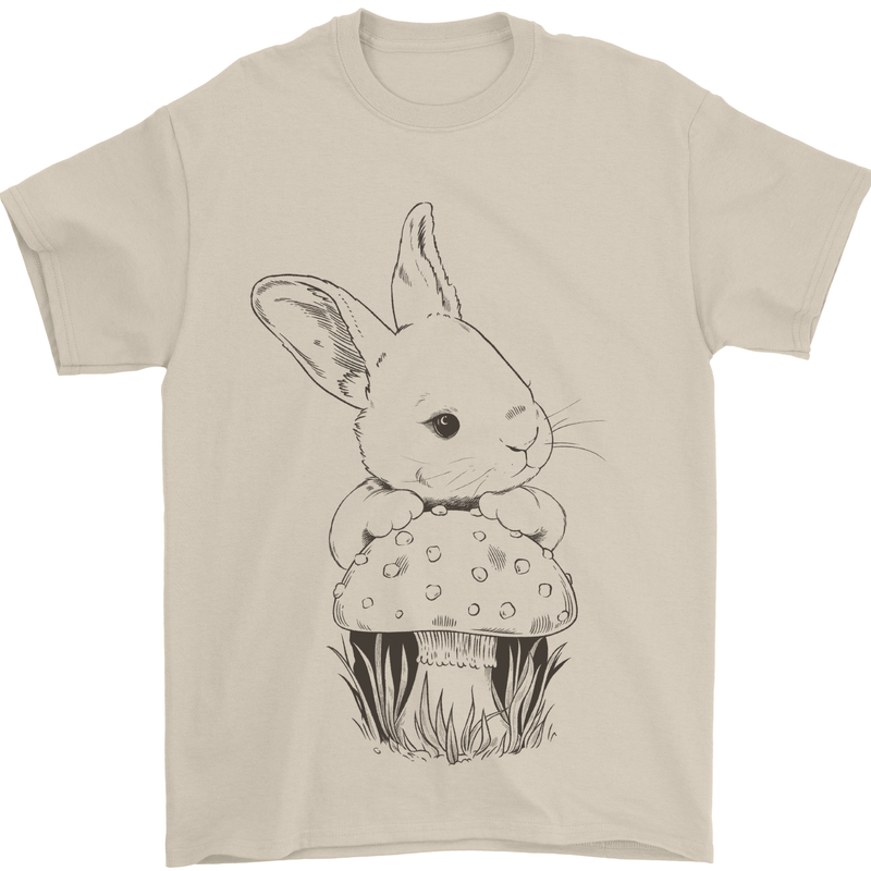 Mushroom and a Cute Rabbit Foraging Mycology Mens T-Shirt 100% Cotton Sand