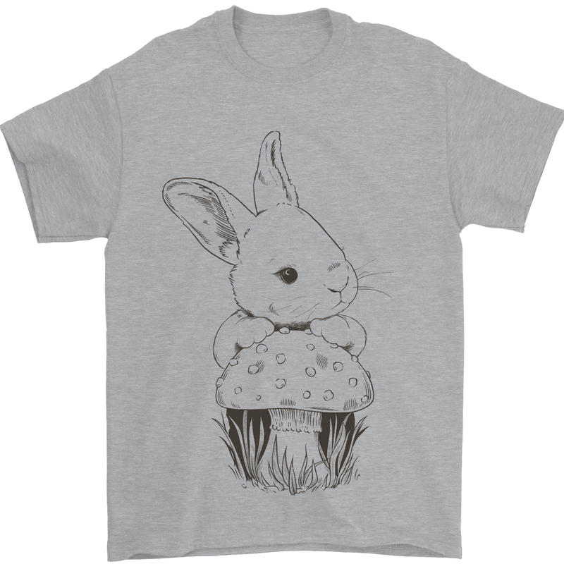 Mushroom and a Cute Rabbit Foraging Mycology Mens T-Shirt 100% Cotton Sports Grey