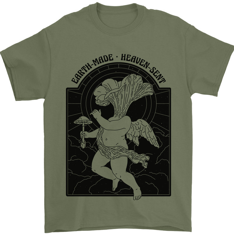 Mushrooms Earth Made Heaven Sent Fungi Mens T-Shirt 100% Cotton Military Green