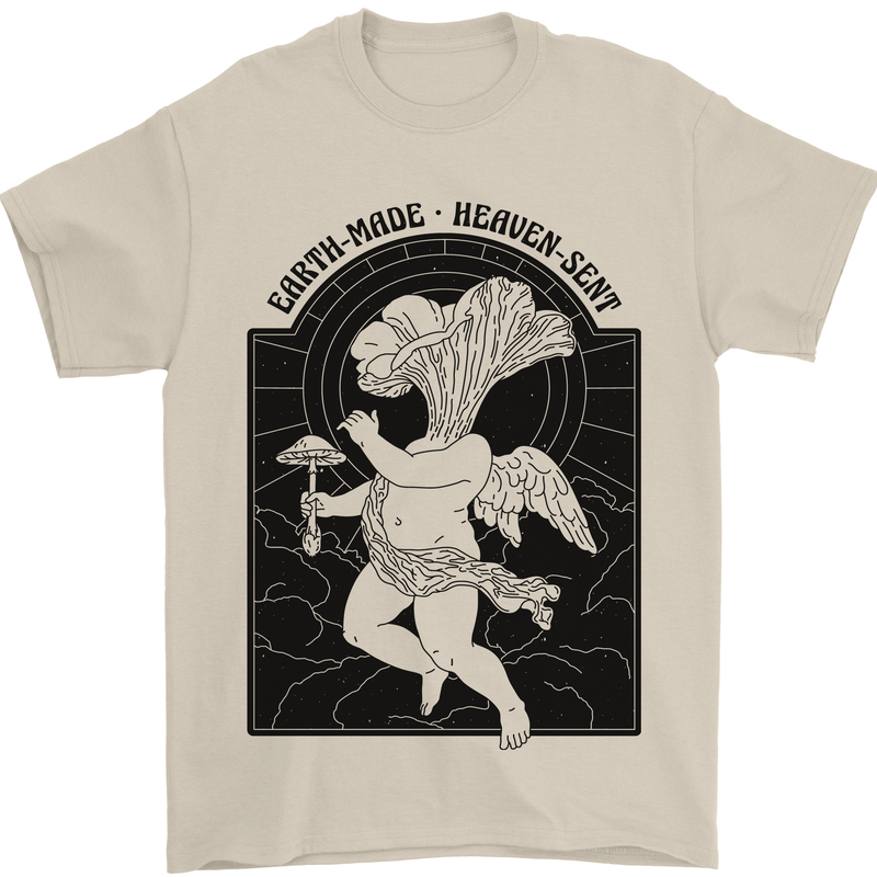Mushrooms Earth Made Heaven Sent Fungi Mens T-Shirt 100% Cotton Sand
