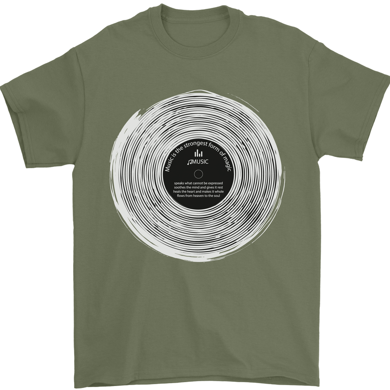 Music Magic Vinyl LP Turntable DJ Mens T-Shirt 100% Cotton Military Green