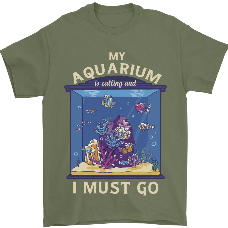 My Aquarium is Calling Tropical Fish Tank Mens T-Shirt 100% Cotton Military Green
