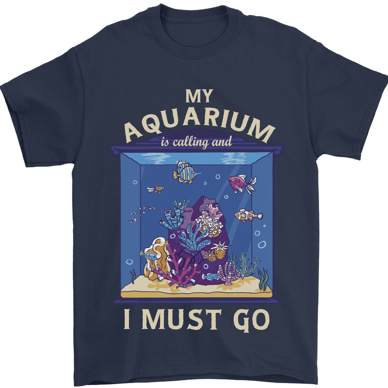 My Aquarium is Calling Tropical Fish Tank Mens T-Shirt 100% Cotton Navy Blue
