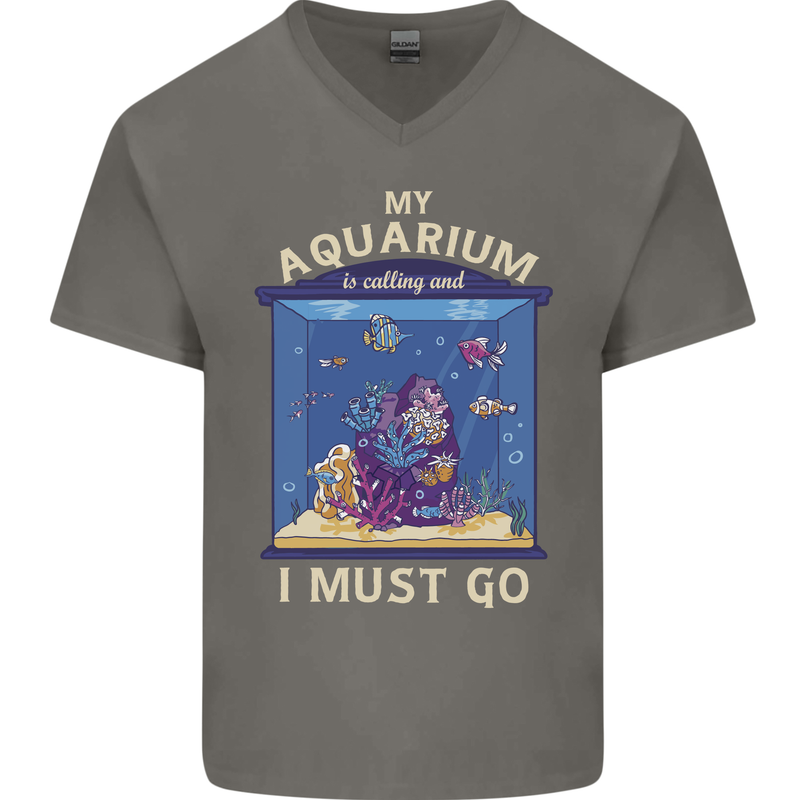 My Aquarium is Calling Tropical Fish Tank Mens V-Neck Cotton T-Shirt Charcoal