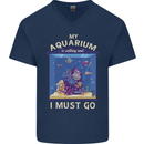 My Aquarium is Calling Tropical Fish Tank Mens V-Neck Cotton T-Shirt Navy Blue