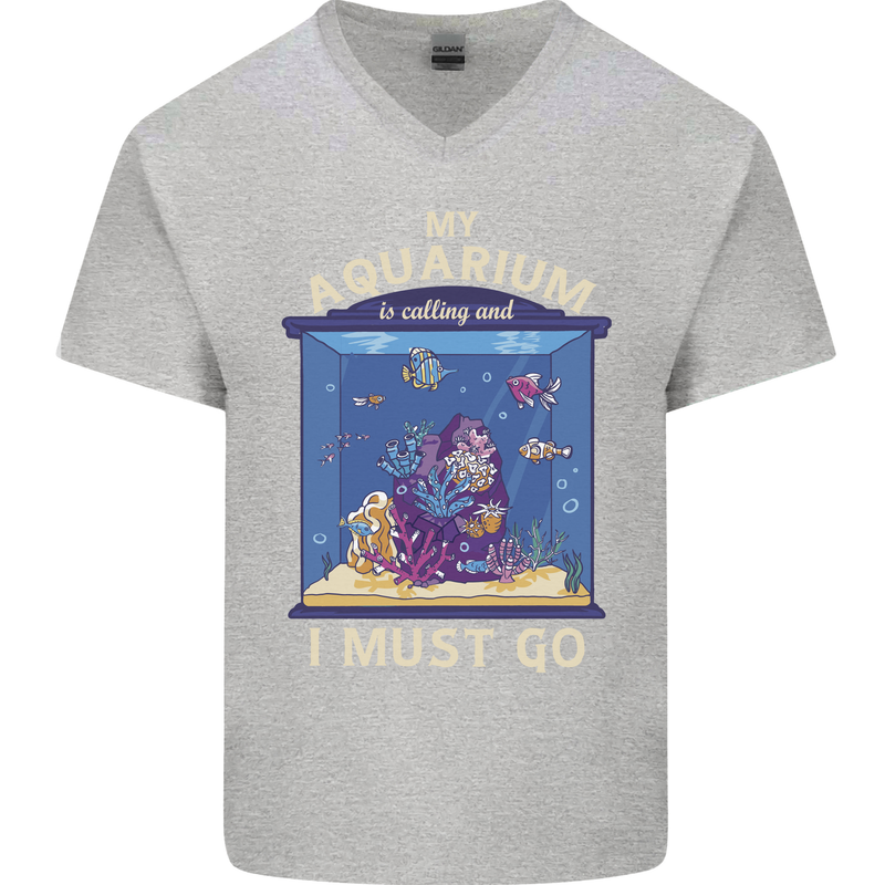 My Aquarium is Calling Tropical Fish Tank Mens V-Neck Cotton T-Shirt Sports Grey