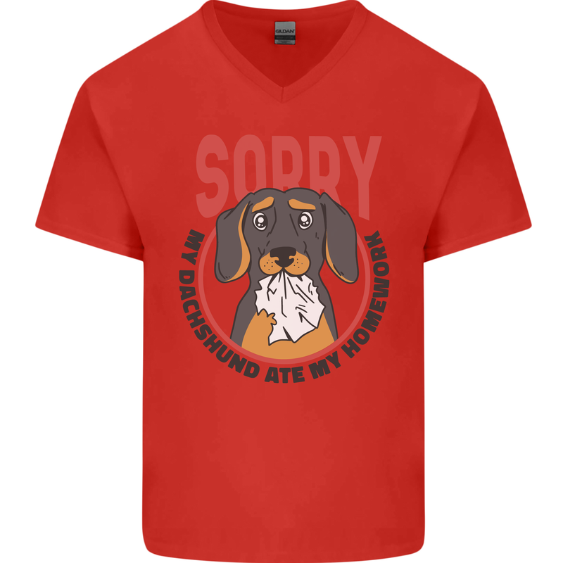 My Dachshund Ate My Homework Funny Dog Mens V-Neck Cotton T-Shirt Red