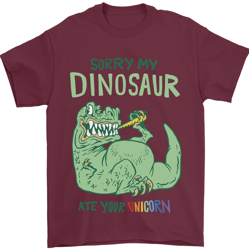 My Dinosaur Ate Your Unicorn T-Rex Funny Mens T-Shirt 100% Cotton Maroon