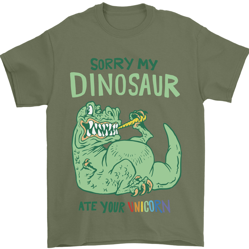 My Dinosaur Ate Your Unicorn T-Rex Funny Mens T-Shirt 100% Cotton Military Green