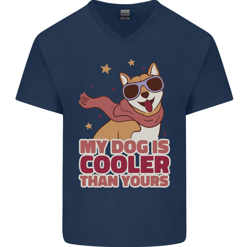 My Dog is Cooler Than Your Dog Shiba Inu Mens V-Neck Cotton T-Shirt Navy Blue