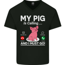 My Pig is Calling and I must Go Funny Farming Mens V-Neck Cotton T-Shirt Black