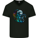 Mystical Horses Equestrian Mens V-Neck Cotton T-Shirt Black