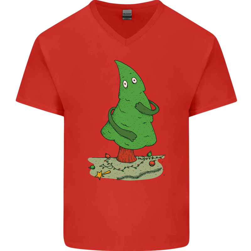 Naked Christmas Tree Funny Rude Xmas Naturist Mens V-Neck Cotton T-Shirt Red