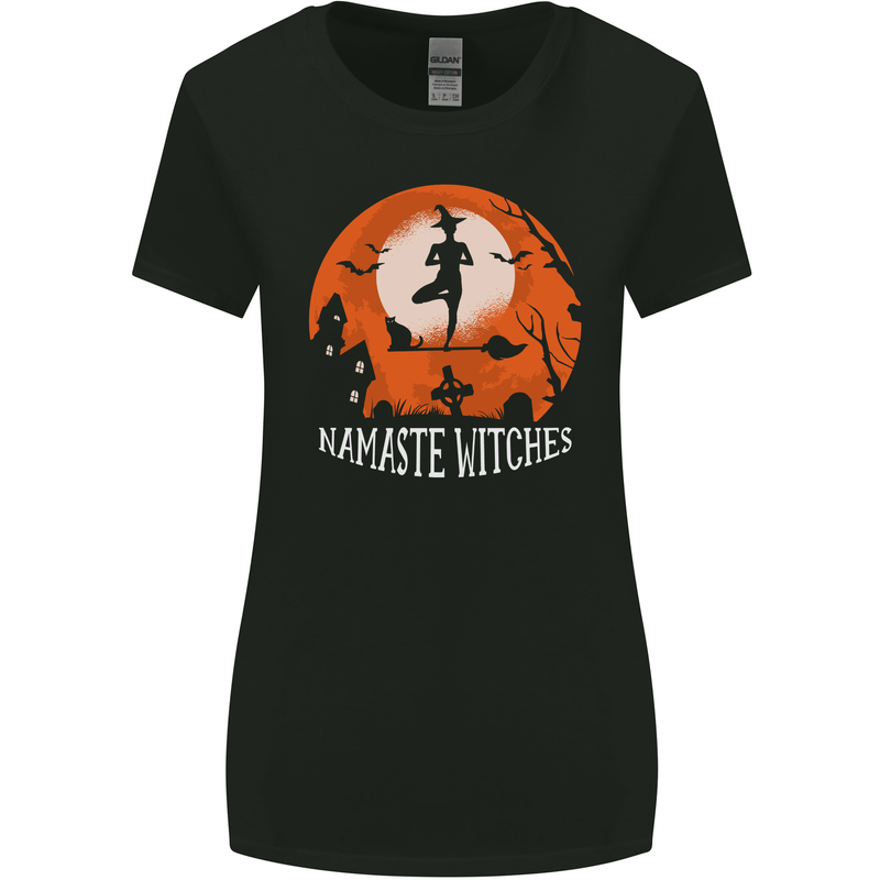 Namaste Witches Funny Halloween Yoga Womens Wider Cut T-Shirt Black