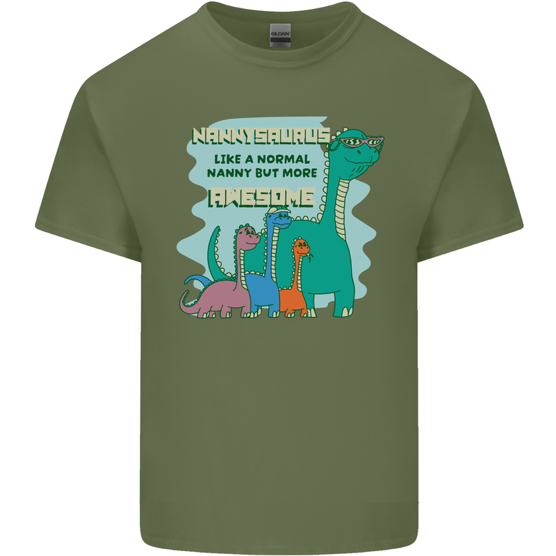 Nanny-saurus Funny Dinosaur Grandkids Mens Cotton T-Shirt Tee Top Military Green