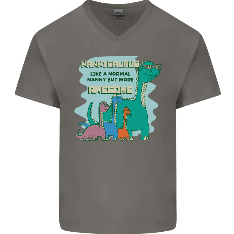 Nanny-saurus Funny Dinosaur Grandkids Mens V-Neck Cotton T-Shirt Charcoal