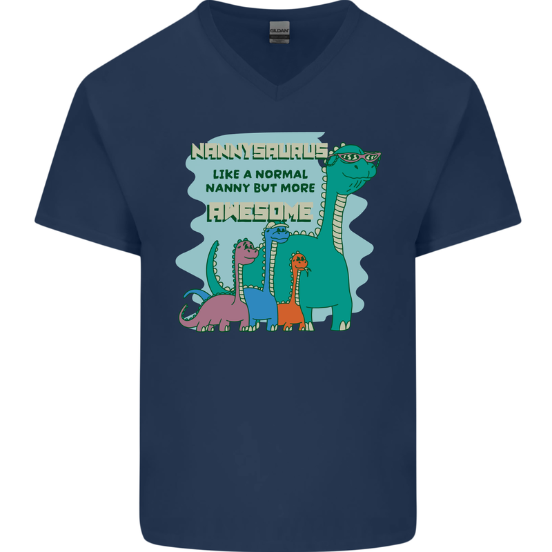Nanny-saurus Funny Dinosaur Grandkids Mens V-Neck Cotton T-Shirt Navy Blue
