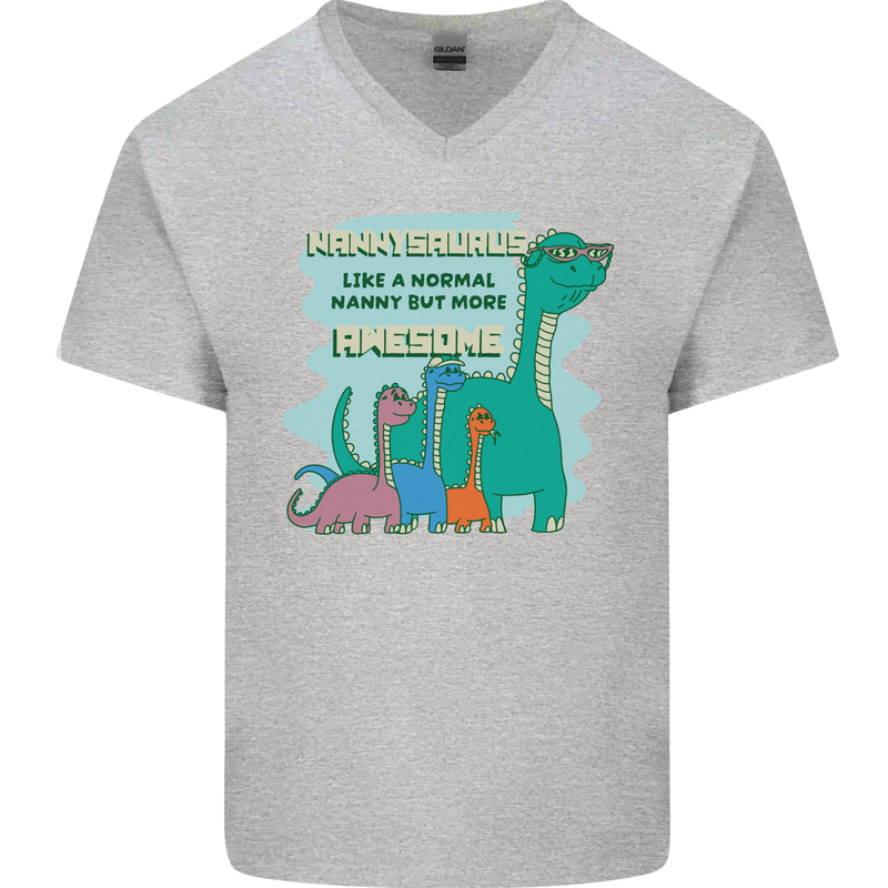 Nanny-saurus Funny Dinosaur Grandkids Mens V-Neck Cotton T-Shirt Sports Grey