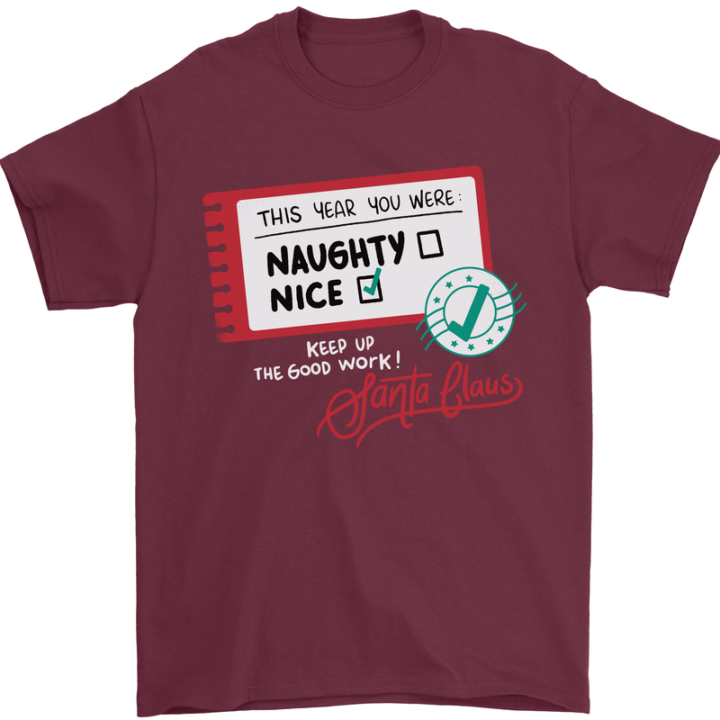 Naughty Nice Funny Christmas Santa Claus Mens T-Shirt 100% Cotton Maroon