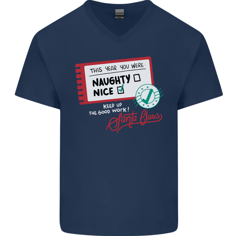 Naughty Nice Funny Christmas Santa Claus Mens V-Neck Cotton T-Shirt Navy Blue
