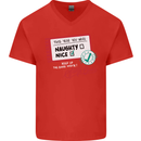Naughty Nice Funny Christmas Santa Claus Mens V-Neck Cotton T-Shirt Red