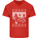 Naughty Santa Peeing in the Snow Christmas Mens V-Neck Cotton T-Shirt Red