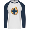 The Finnish Flag Fire Effect Finland Mens L/S Baseball T-Shirt White/Navy Blue