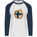 The Finnish Flag Fire Effect Finland Mens L/S Baseball T-Shirt White/Navy Blue