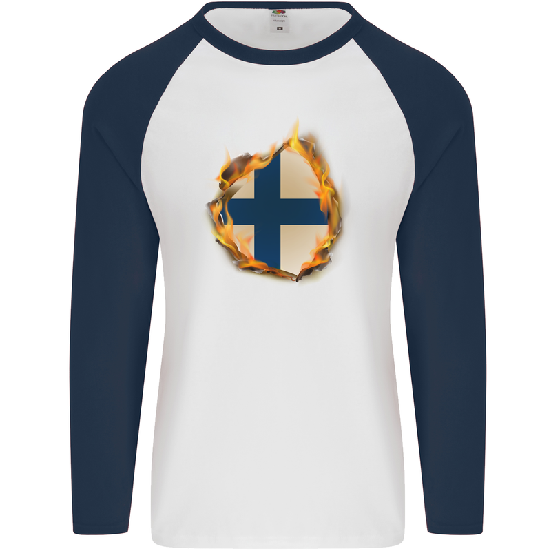 The Finnish Flag Fire Effect Finland Mens L/S Baseball T-Shirt White/Navy Blue