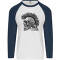 Rock n Roll Music School Skull Guitar Mens L/S Baseball T-Shirt White/Navy Blue