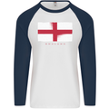 England Flag St Georges Day Rugby Football Mens L/S Baseball T-Shirt White/Navy Blue