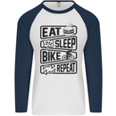Cycling Eat Sleep Bike Repeat Funny Bicycle Mens L/S Baseball T-Shirt White/Navy Blue