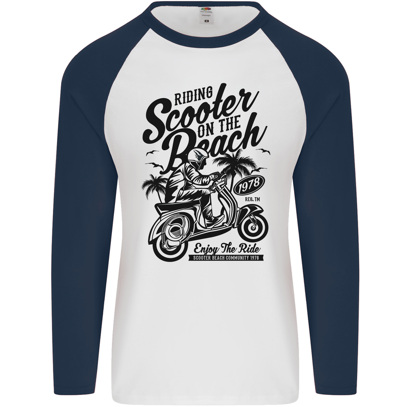 Scooter on the Beach MOD Mens L/S Baseball T-Shirt White/Navy Blue