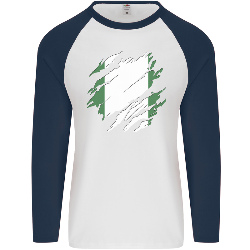 Torn Nigeria Flag Nigerian Day Football Mens L/S Baseball T-Shirt White/Navy Blue