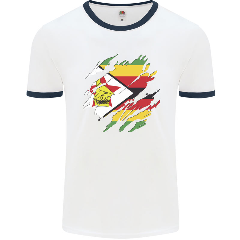 Torn Zimbabwe Flag Zimbabwean Day Football Mens Ringer T-Shirt White/Navy Blue