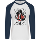 Samurai Warrior Dragon & Sun Fantasy MMA Mens L/S Baseball T-Shirt White/Navy Blue