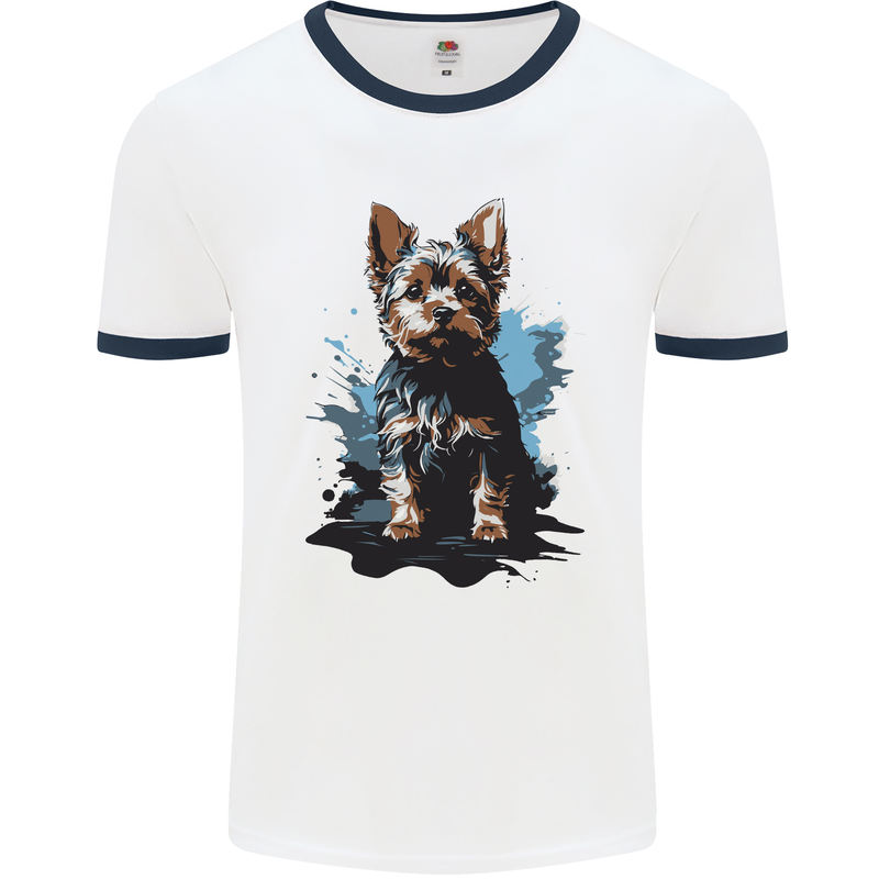 Yorkshire Terrier Splash Yorkie Dog Mens Ringer T-Shirt White/Navy Blue