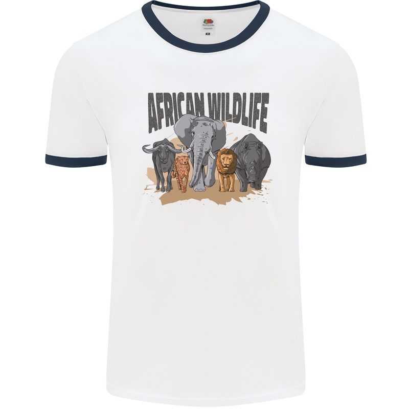 African Wildlife Elephant Lion Rhino Safari Mens Ringer T-Shirt White/Navy Blue