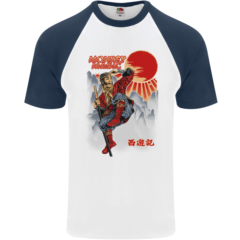 Monkey Magic Retro 70s Martial Arts TV Mens S/S Baseball T-Shirt White/Navy Blue