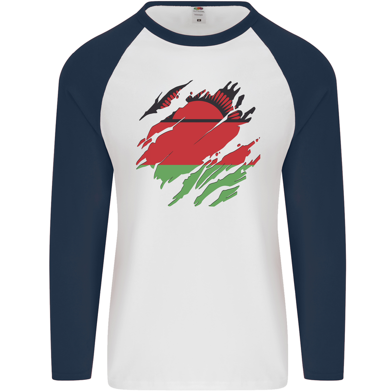 Torn Malawi Flag Malawian Day Football Mens L/S Baseball T-Shirt White/Navy Blue