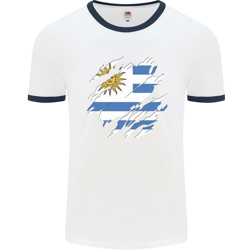 Torn Uruguay Flag Uruguayan Day Football Mens Ringer T-Shirt White/Navy Blue