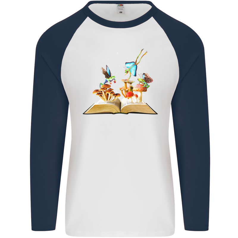 Trippy Nature Book Magic Mushrooms LSD Mens L/S Baseball T-Shirt White/Navy Blue