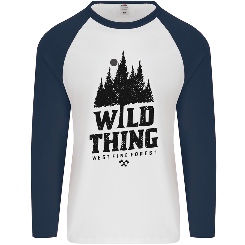 Hiking Wild Thing Camping Rambling Outdoors Mens L/S Baseball T-Shirt White/Navy Blue